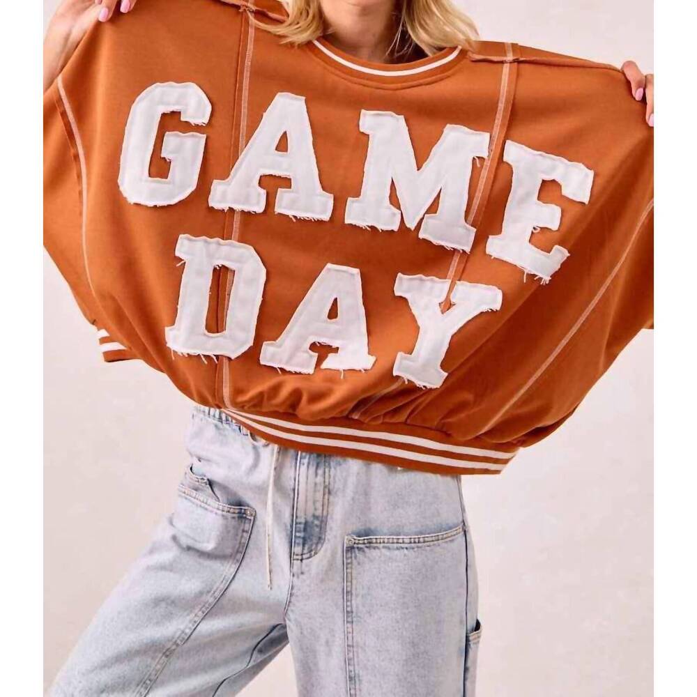 NEW BIBI gameday patchwork stitch detail french terry top in burnt orange/white - Picture 3 of 3